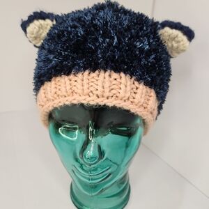 Fuzzy Blue and Pink Knit Hat with Ears